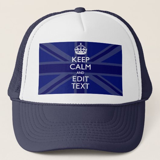 Midnight Blue Keep Calm en Jouw tekst Union Jack Trucker Pet (Voorkant)