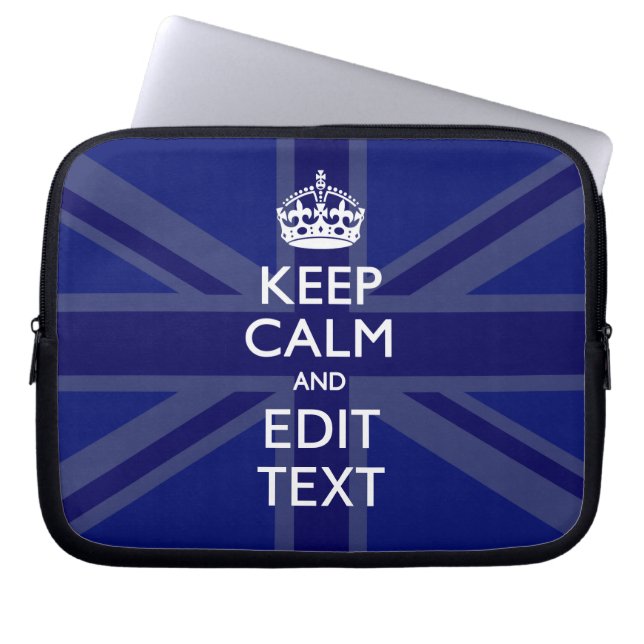 Midnight Blue Keep Calm Get Jouw tekst Union Jack Laptop Sleeve (Voorkant)