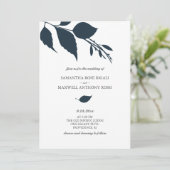 Midnight Blue Leaf bruiloft uitnodiging (Staand voorkant)