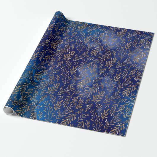Midnight Blue Leaf Elegant Effect Cadeaupapier (Uitgerold)