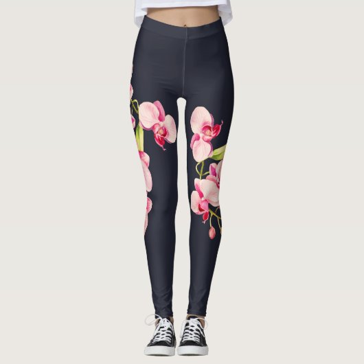 Midnight Blue levendige roze orchidee Leggings (Voorkant)