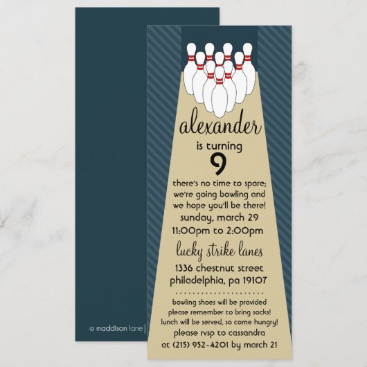 Midnight Blue Lucky Strike Bowling Birthday Party Kaart (Voorkant / Achterkant)