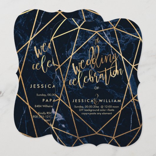 Midnight Blue Marble + Faux Gold Wedding Kaart (Voorkant / Achterkant)