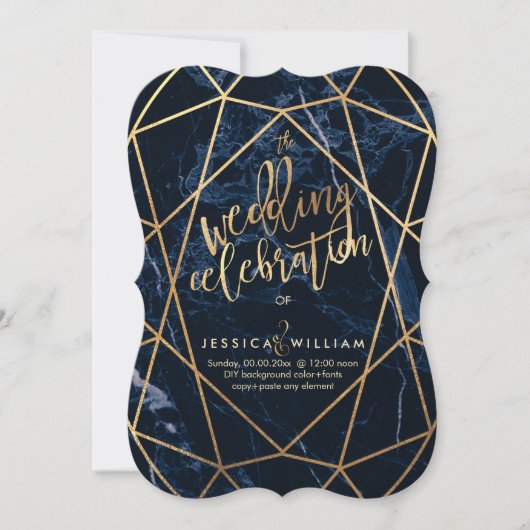 Midnight Blue Marble + Faux Gold Wedding Kaart (Voorkant)