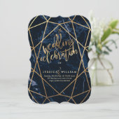 Midnight Blue Marble + Faux Gold Wedding Kaart (Staand voorkant)