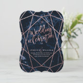 Midnight Blue Marble + Faux Roos Gold Wedding Kaart (Staand voorkant)