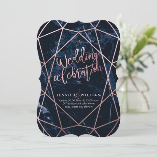 Midnight Blue Marble + Faux Roos Gold Wedding Kaart (Staand voorkant)