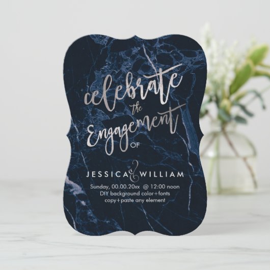 Midnight Blue Marble + Faux Silver Verloving Kaart (Staand voorkant)