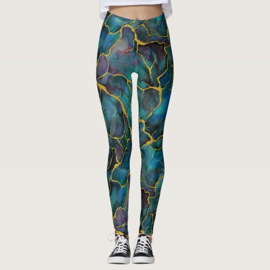 Midnight Blue Marble met gouden aderen Leggings (Voorkant)
