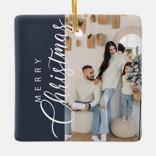 Midnight Blue Merry Christmas Foto Keramisch Ornament (Voorkant)
