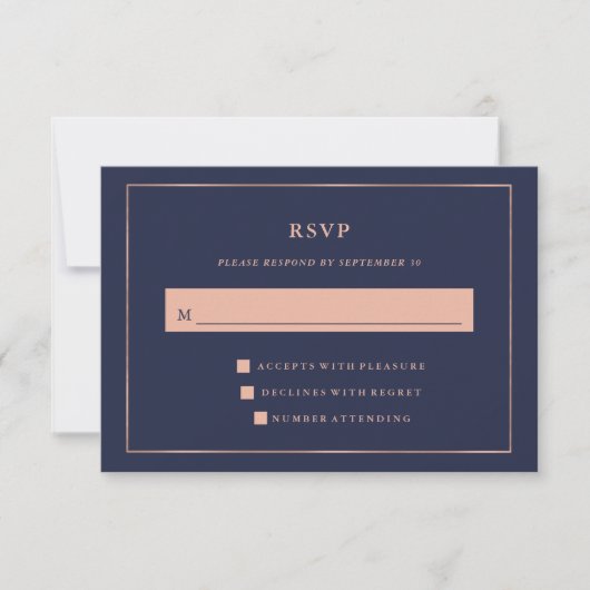 Midnight Blue met Faux Roos Gold Border RSVP (Voorkant)