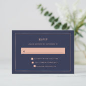 Midnight Blue met Faux Roos Gold Border RSVP Kaartje (Staand voorkant)