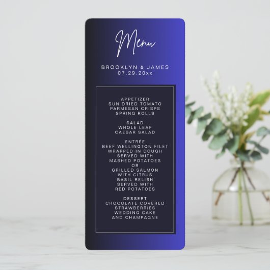 Midnight Blue Minimal Wedding Menu Kaarten (Staand voorkant)