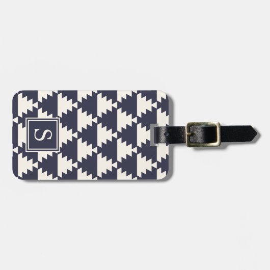 Midnight Blue Modern Aztec Geometric Monogram Bagagelabel (Voorkant horizontaal)