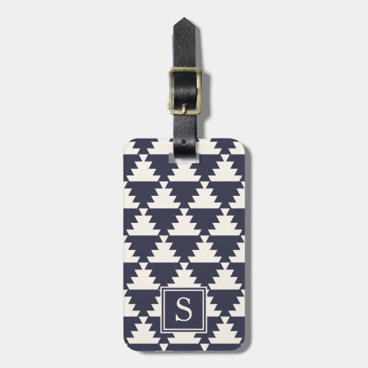 Midnight Blue Modern Aztec Geometric Monogram Bagagelabel (Voorkant verticaal)