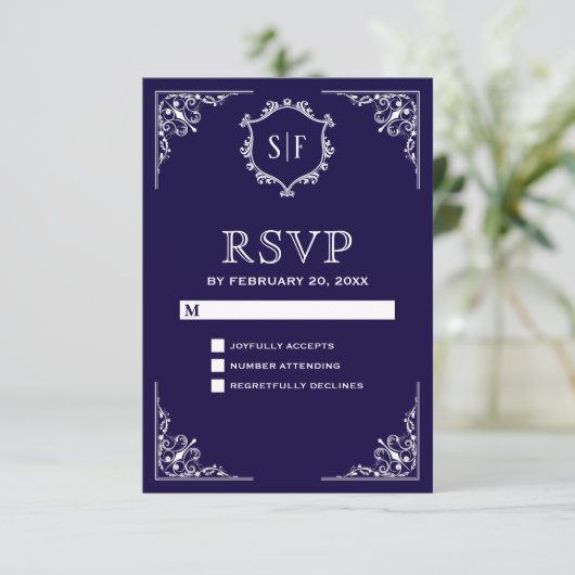 Midnight Blue  monogram RSVP (Staand voorkant)