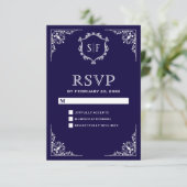 Midnight Blue monogram RSVP Kaartje (Staand voorkant)