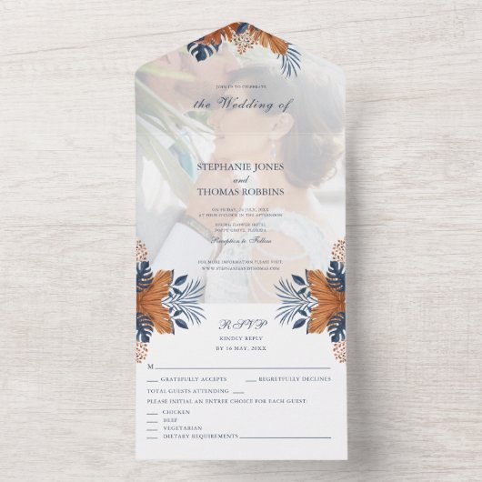 Midnight Blue Monstera Alles in een bruiloft Uitno All In One Uitnodiging (Binnen)