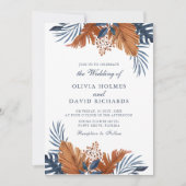 Midnight Blue Monstera bruiloft uitnodiging (Voorkant)