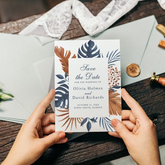 Midnight Blue Monstera Save the Date Kaart