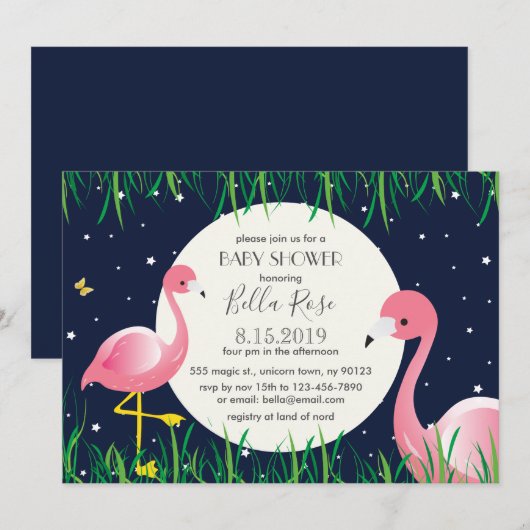Midnight Blue Moon Star Flamingos Baby shower Kaar Kaart (Voorkant / Achterkant)