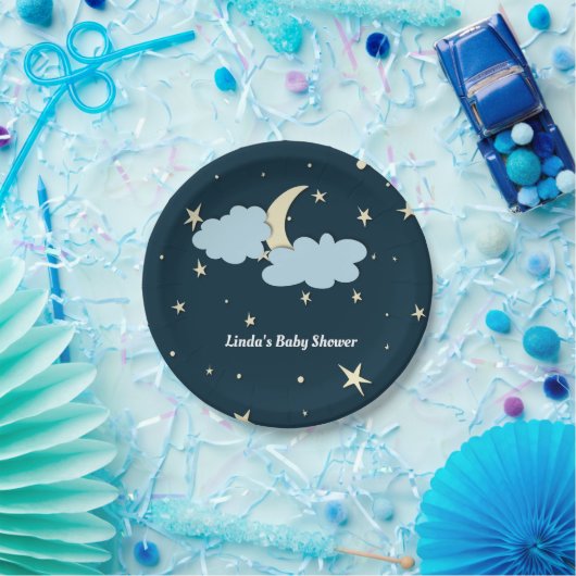 Midnight Blue Moon & Stars Elegant Baby shower Papieren Bordje (Feest)