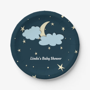 Midnight Blue Moon & Stars Elegant Baby shower Papieren Bordje
