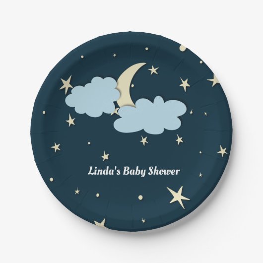 Midnight Blue Moon & Stars Elegant Baby shower Papieren Bordje (Voorkant)
