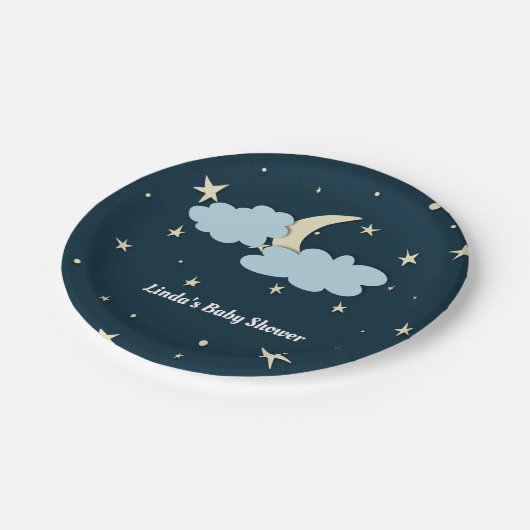 Midnight Blue Moon & Stars Elegant Baby shower Papieren Bordje (Gekanteld)