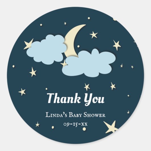 Midnight Blue Moon & Stars Elegant Baby shower Ronde Sticker (Voorkant)