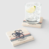Midnight Blue Octopus & decoratieve strepen Stenen Onderzetter (Zijkant)