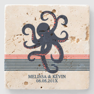 Midnight Blue Octopus & decoratieve strepen Stenen Onderzetter