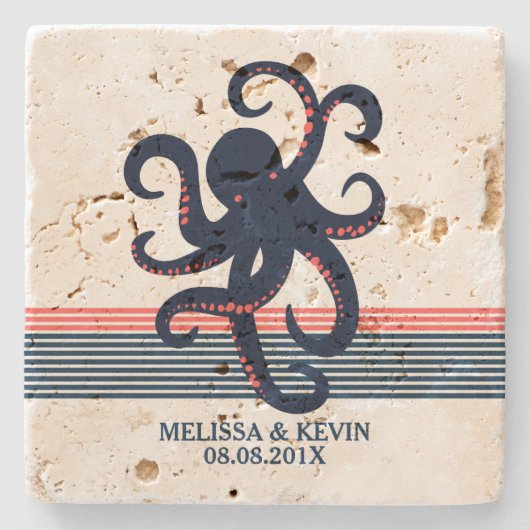 Midnight Blue Octopus & decoratieve strepen Stenen Onderzetter (Voorkant)