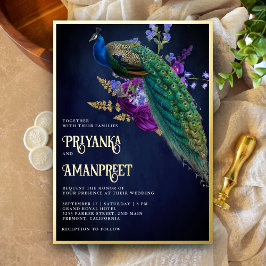 Midnight Blue Paarse Bloemen Indiase Peacock Bruil Folie Uitnodiging