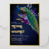 Midnight Blue Paarse Bloemen Indiase Peacock Bruil Folie Uitnodiging (Voorkant)