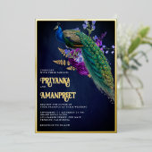 Midnight Blue Paarse Bloemen Indiase Peacock Bruil Folie Uitnodiging (Staand Voorkant)