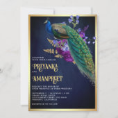 Midnight Blue Paarse Bloemen Indiase Peacock Bruil Kaart (Voorkant)