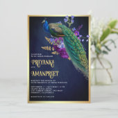 Midnight Blue Paarse Bloemen Indiase Peacock Bruil Kaart (Staand voorkant)