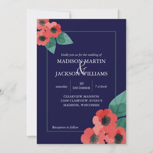 Midnight Blue Red Poppies Floral Evening Wedding Kaart (Voorkant)