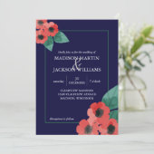 Midnight Blue Red Poppies Floral Evening Wedding Kaart (Staand voorkant)
