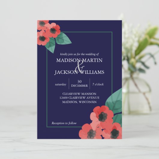 Midnight Blue Red Poppies Floral Evening Wedding Kaart (Staand voorkant)
