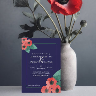 Midnight Blue Red Poppies Floral Evening Wedding Kaart