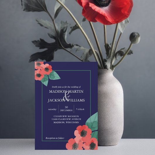 Midnight Blue Red Poppies Floral Evening Wedding Kaart