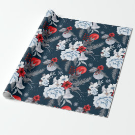 Midnight Blue Red Silver Grey Foliage Vakantie Cadeaupapier