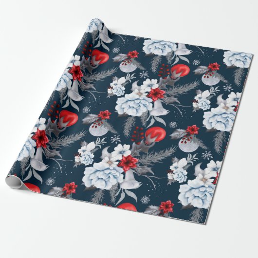 Midnight Blue Red Silver Grey Foliage Vakantie Cadeaupapier (Uitgerold)