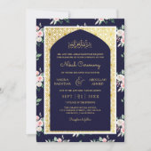 Midnight Blue Roze Bloemen Gouden Boog Moslim Brui Kaart (Voorkant)