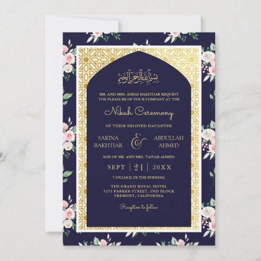 Midnight Blue Roze Bloemen Gouden Boog Moslim Brui Kaart (Voorkant)