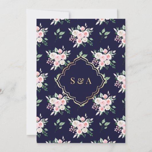 Midnight Blue Roze Bloemen Gouden Boog Moslim Brui Kaart (Achterkant)