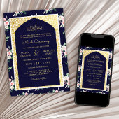 Midnight Blue Roze Bloemen Gouden Boog Moslim Brui Kaart