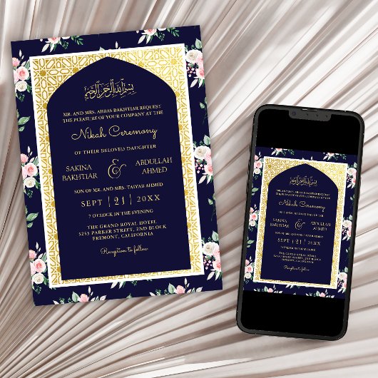 Midnight Blue Roze Bloemen Gouden Boog Moslim Brui Kaart